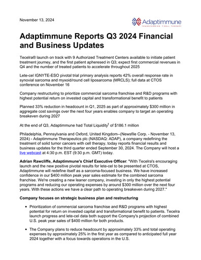 Thumbnail Adaptimmune Therapeutics Quarterly Report 2024-q3