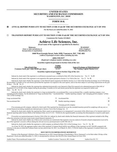 Miniature Achieve Life Sciences
 Rapport annuel 2022