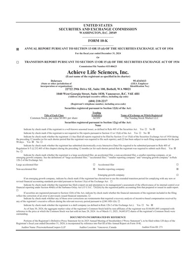 Miniature Achieve Life Sciences
 Rapport annuel 2024