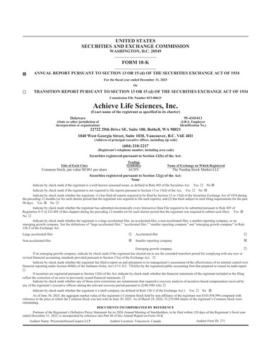 Miniature Achieve Life Sciences
 Rapport annuel 2025