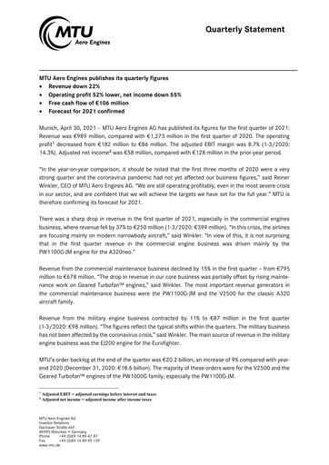 Miniature MTU Aero Engines
 Rapport trimestriel 2021-q1