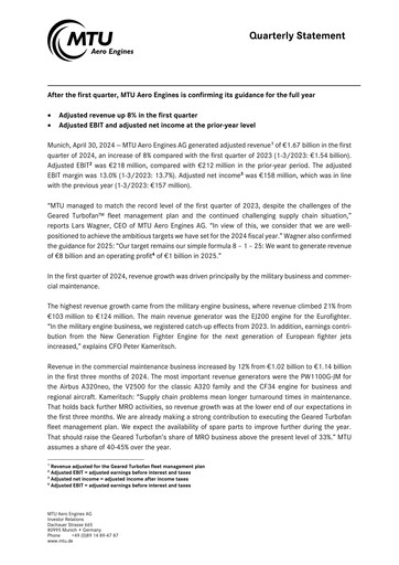 Miniature MTU Aero Engines
 Rapport trimestriel 2024-q1