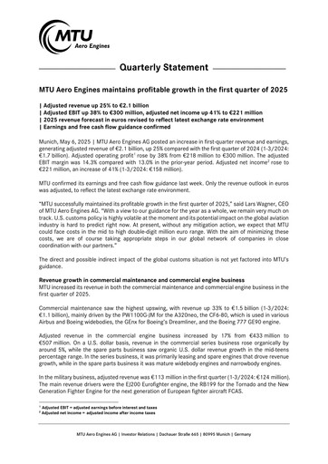 Miniature MTU Aero Engines
 Rapport trimestriel 2025-q1
