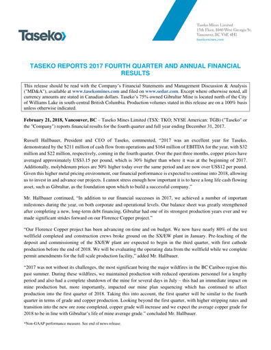 Thumbnail Taseko Mines
 Financial Statement 2017
