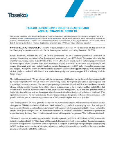 Thumbnail Taseko Mines
 Financial Statement 2018