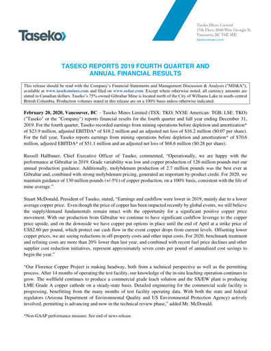 Thumbnail Taseko Mines
 Financial Statement 2019