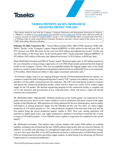 Thumbnail Taseko Mines
 Financial Statement 2021