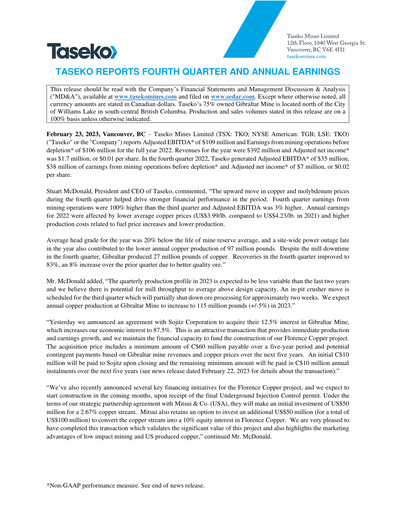 Thumbnail Taseko Mines
 Financial Statement 2022