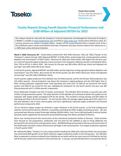 Thumbnail Taseko Mines
 Financial Statement 2023