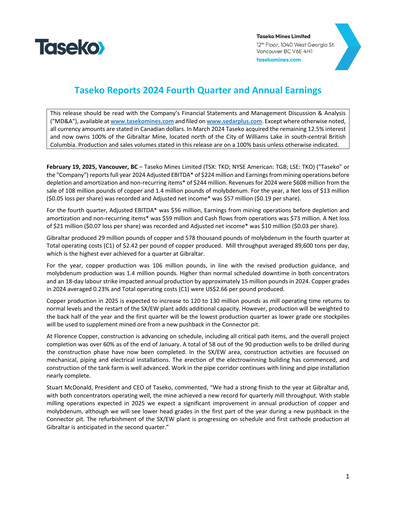 Thumbnail Taseko Mines
 Financial Statement 2024