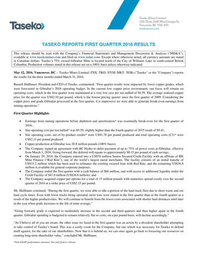 Thumbnail Taseko Mines
 Quarterly Report 2016-q1