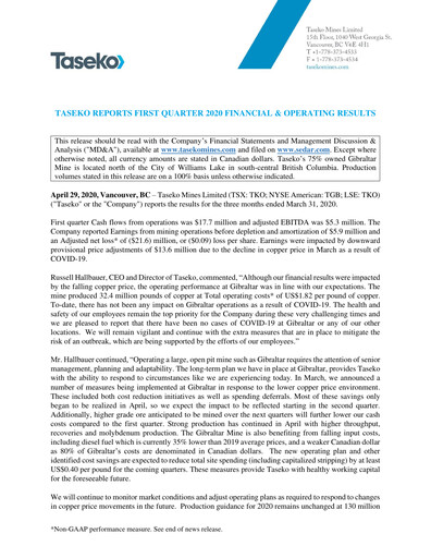 Thumbnail Taseko Mines
 Quarterly Report 2020-q1