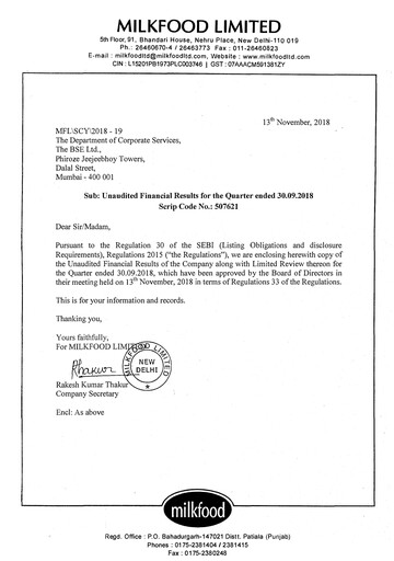 Thumbnail Milkfood Limited Quarterly Report 2018-q3