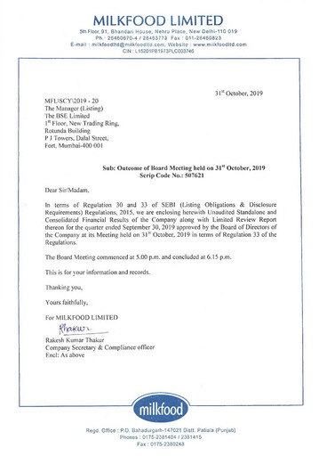 Thumbnail Milkfood Limited Quarterly Report 2019-q3