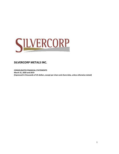 Thumbnail Silvercorp Metals
 Financial Statement fy2020