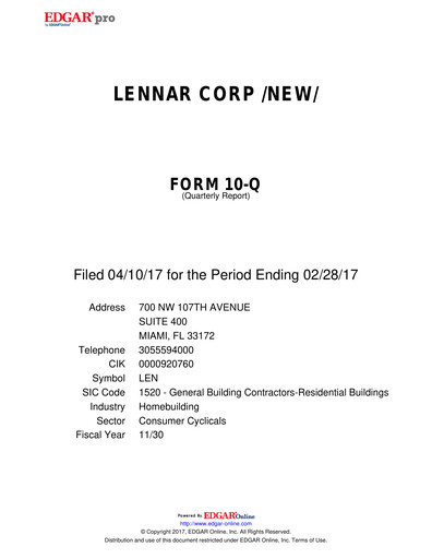 Thumbnail Lennar Quarterly Report 2017-q1