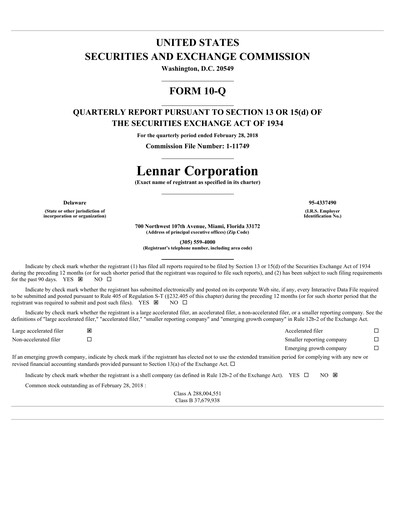 Thumbnail Lennar Quarterly Report 2018-q1
