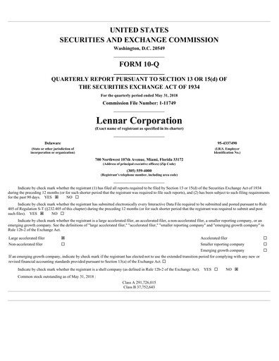 Thumbnail Lennar Quarterly Report 2018-q2