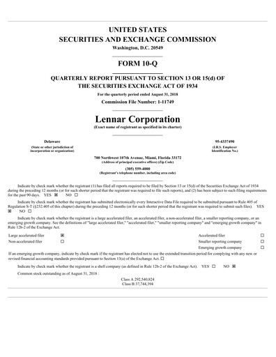 Thumbnail Lennar Quarterly Report 2018-q3