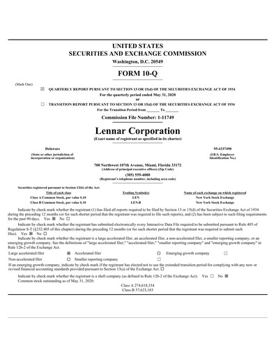 Thumbnail Lennar Quarterly Report 2020-q2