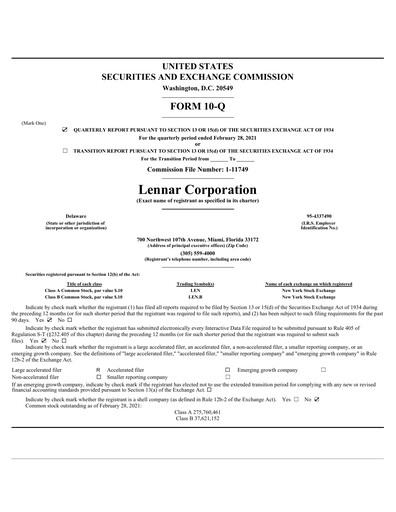 Thumbnail Lennar Quarterly Report 2021-q1