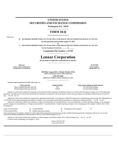 Thumbnail Lennar Quarterly Report 2022-q3