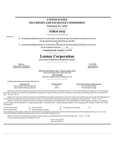 Thumbnail Lennar Quarterly Report 2025-q1
