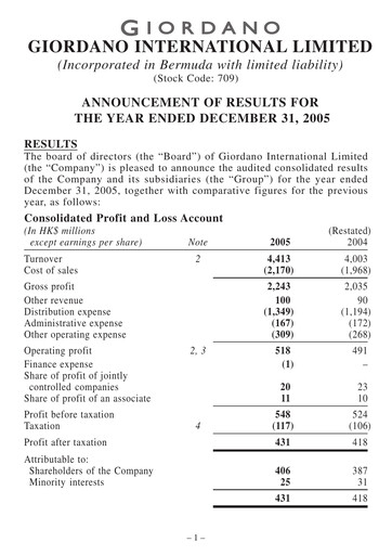 Miniature Giordano Rapport financier 2005