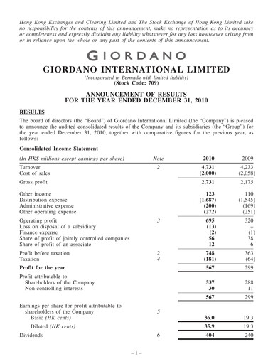 Miniature Giordano Rapport financier 2010