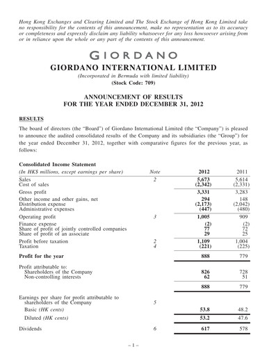 Miniature Giordano Rapport financier 2012