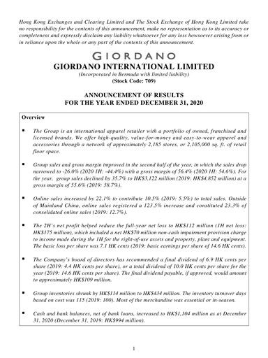 Miniature Giordano Rapport financier 2020