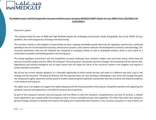Thumbnail Medgulf (The Mediterranean and Gulf Cooperative Insurance and Reinsurance Company) Annual Report 2020