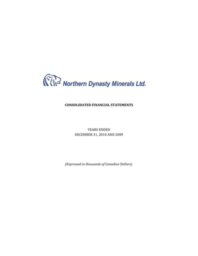 Thumbnail Northern Dynasty Minerals Annual Report 2010