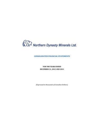 Thumbnail Northern Dynasty Minerals Annual Report 2012