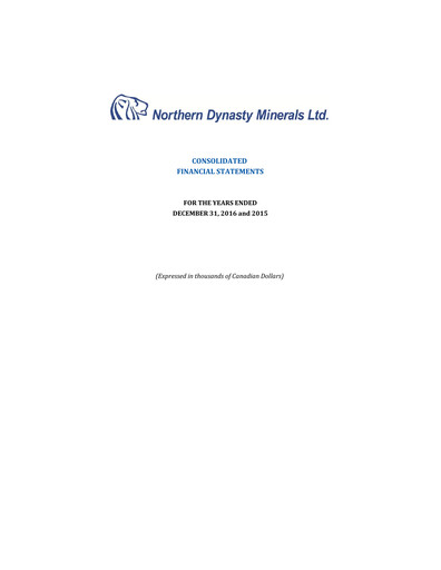 Thumbnail Northern Dynasty Minerals Annual Report 2016