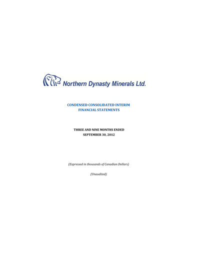 Thumbnail Northern Dynasty Minerals Quarterly Report 2012-q3