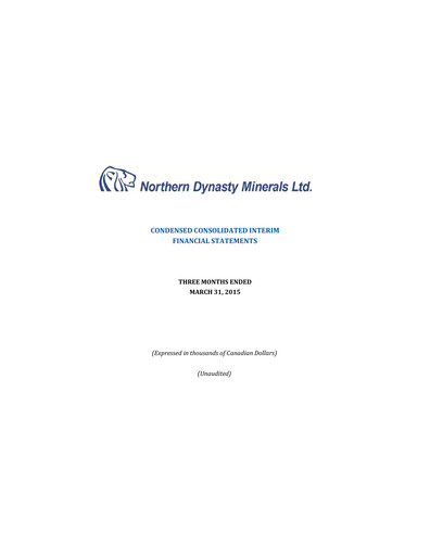 Thumbnail Northern Dynasty Minerals Quarterly Report 2015-q1