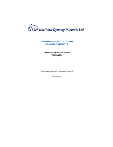 Thumbnail Northern Dynasty Minerals Quarterly Report 2016-q2