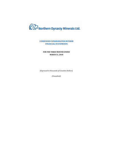 Thumbnail Northern Dynasty Minerals Quarterly Report 2018-q1