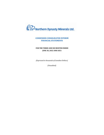 Thumbnail Northern Dynasty Minerals Quarterly Report 2022-q2