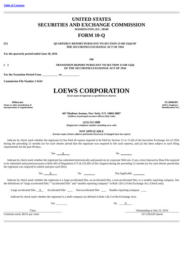 Vorschaubild Loews Corporation
 Quartalsbericht 2016-q2