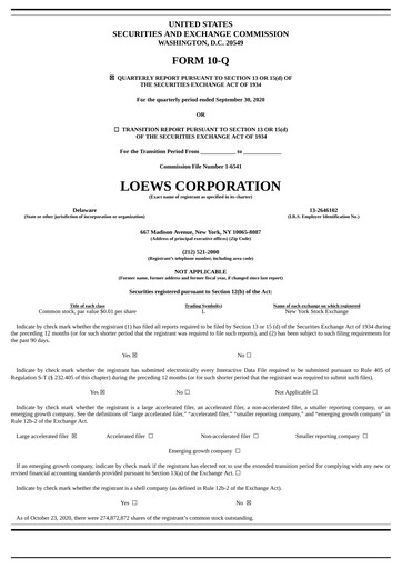 Vorschaubild Loews Corporation
 Quartalsbericht 2020-q3