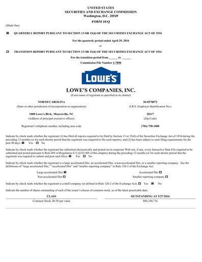 Thumbnail Lowe's Companies Quarterly Report 2016-q1