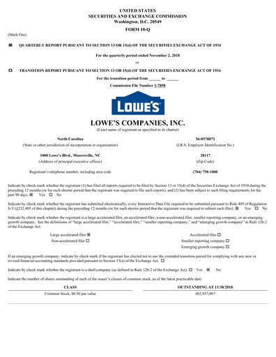 Thumbnail Lowe's Companies Quarterly Report 2018-q3