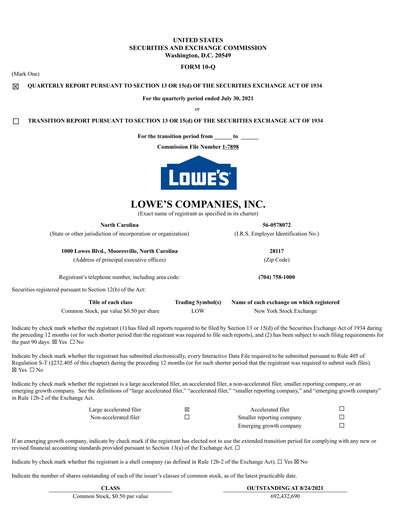 Thumbnail Lowe's Companies Quarterly Report 2021-q2