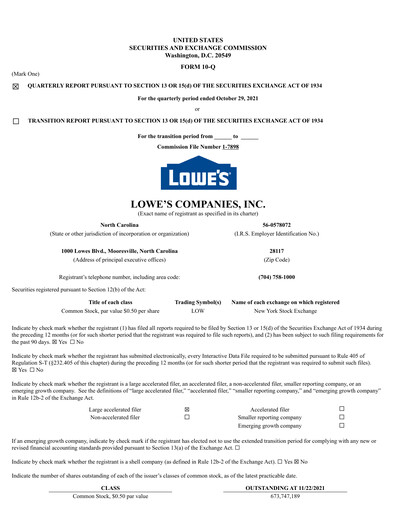 Thumbnail Lowe's Companies Quarterly Report 2021-q3