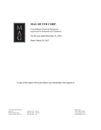 Thumbnail MAG Silver Financial Statement 2016