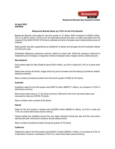 Thumbnail Restaurant Brands New Zealand Quarterly Report 2023-q1