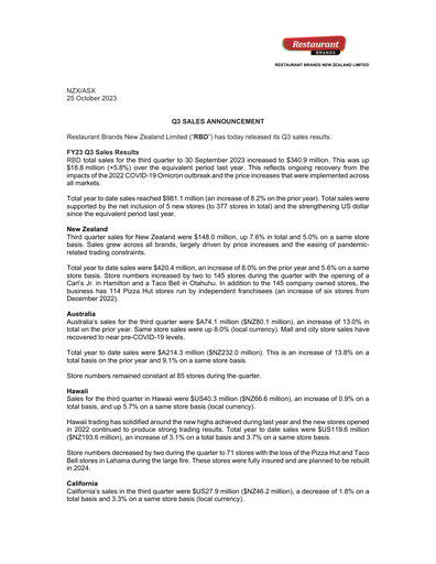 Thumbnail Restaurant Brands New Zealand Quarterly Report 2023-q3
