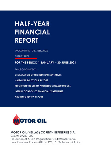 Thumbnail Motor Oil (Hellas) Corinth Refineries Half-year Report 2021